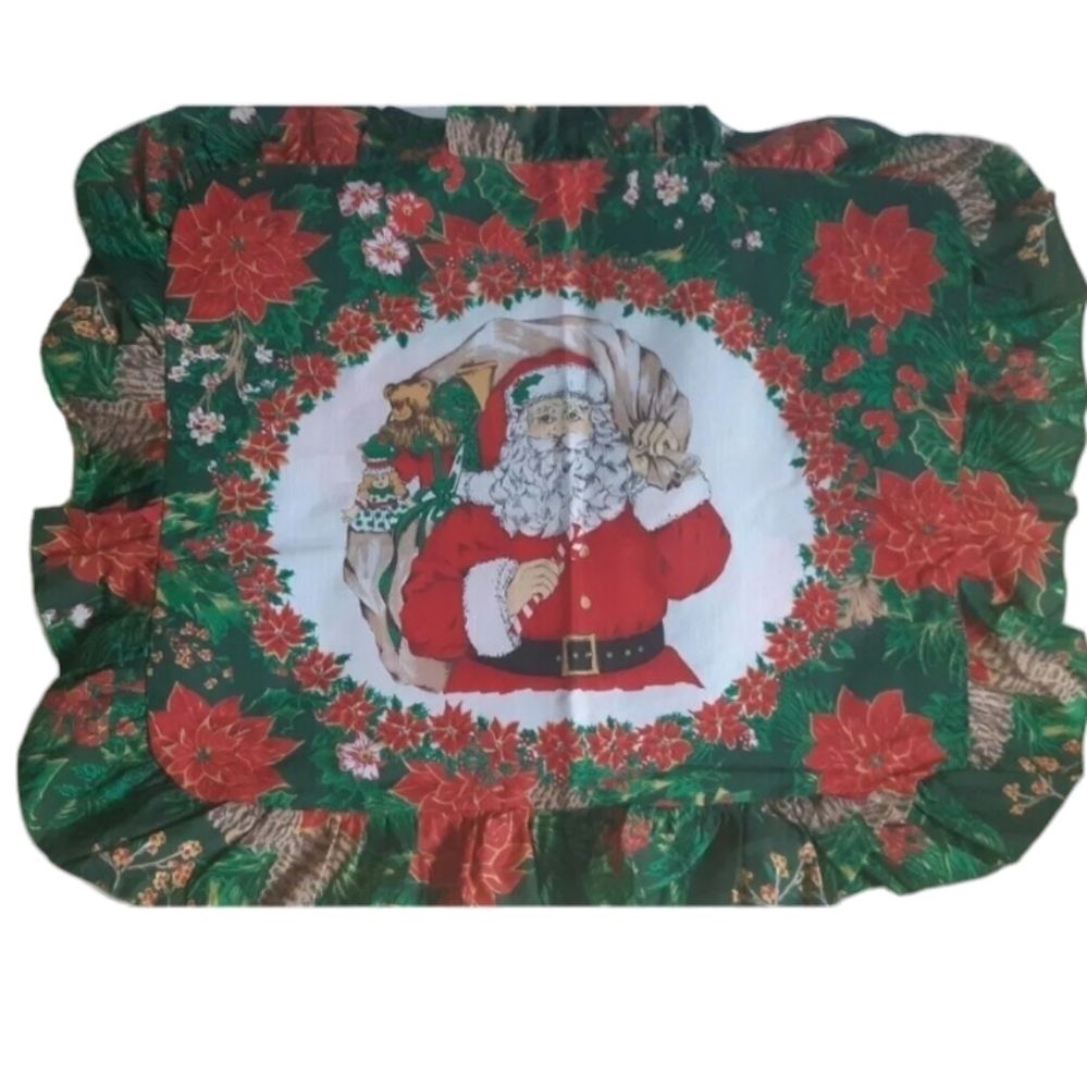 VTG SANTA CLAUS Christmas toy sack poinsettia ruffle pillow sham standard USA